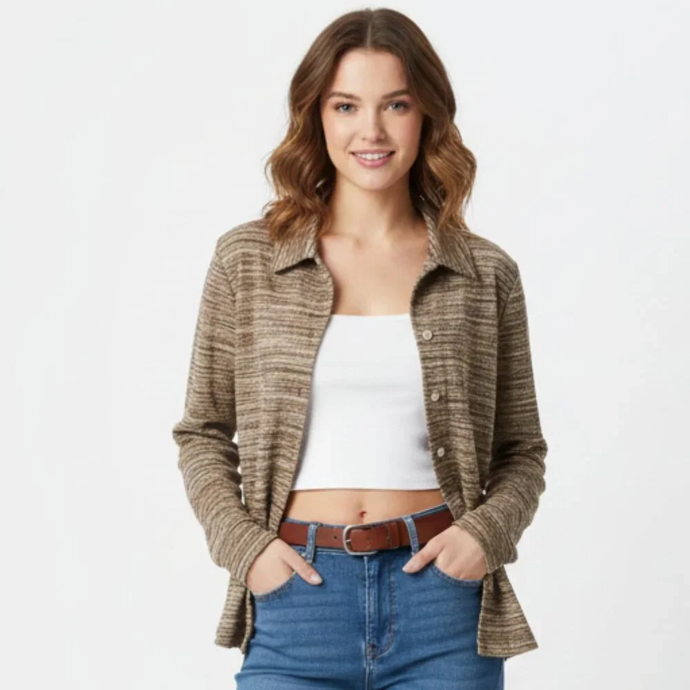 CHICO'S Multi Brown Striped Look Casual Button Down Shirt Blouse Size 1/M - Picture 3 of 4